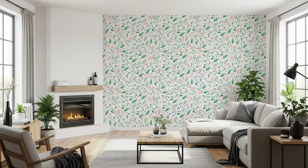 Watercolor berry vine botanical wallpaper in a living room with a fireplace and grey sofa GD12297