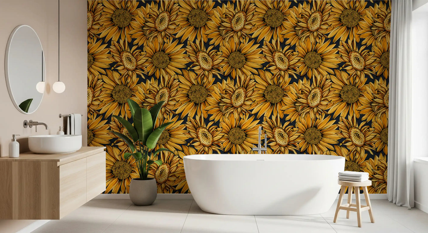 Golden Sunflower Botanical Illustration Wallpaper⁠