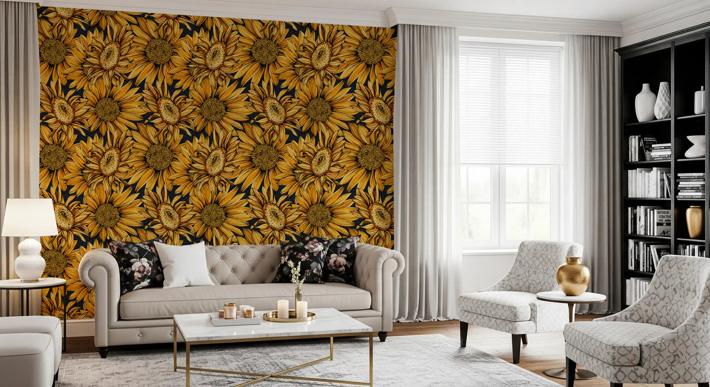 Golden Sunflower Botanical Illustration Wallpaper⁠
