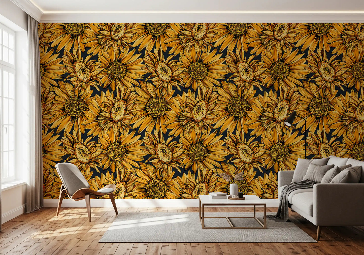 Golden Sunflower Botanical Illustration Wallpaper⁠