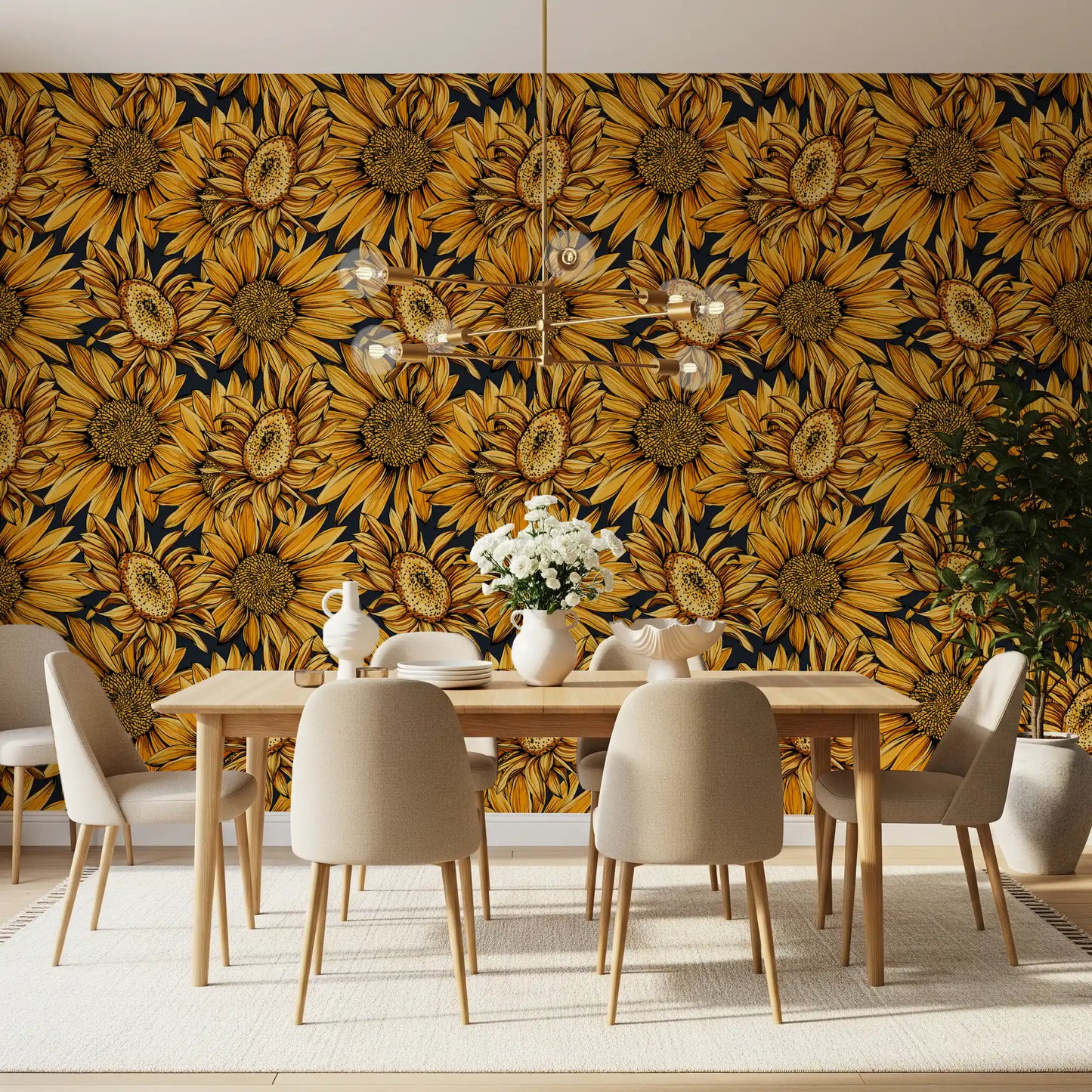 Golden Sunflower Botanical Illustration Wallpaper⁠