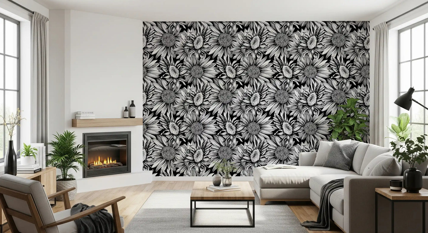 Monochrome Sunflower Sketch Bloom Wallpaper⁠