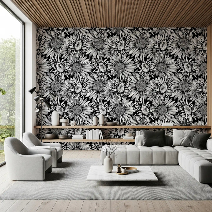 Monochrome Sunflower Sketch Bloom Wallpaper⁠