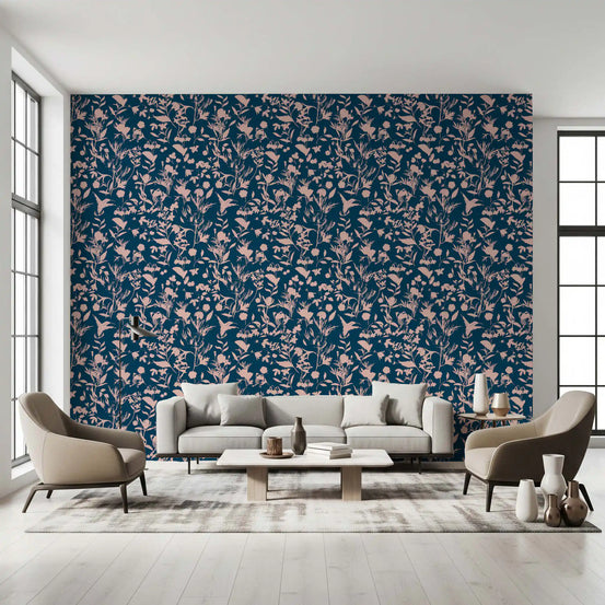 Midnight flora silhouette wallpaper in a bright living room with white sofa and grey armchair GD12305