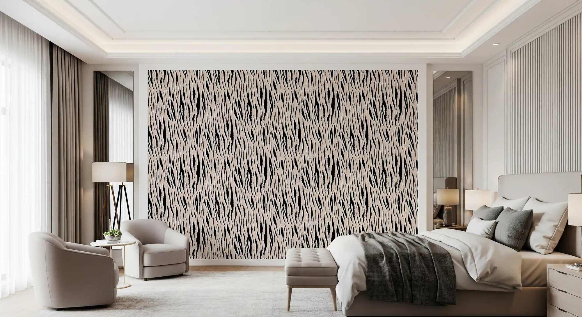 Abstract zebra stripe wallpaper in a bedroom with grey upholstered bed and floor lamp GD12306