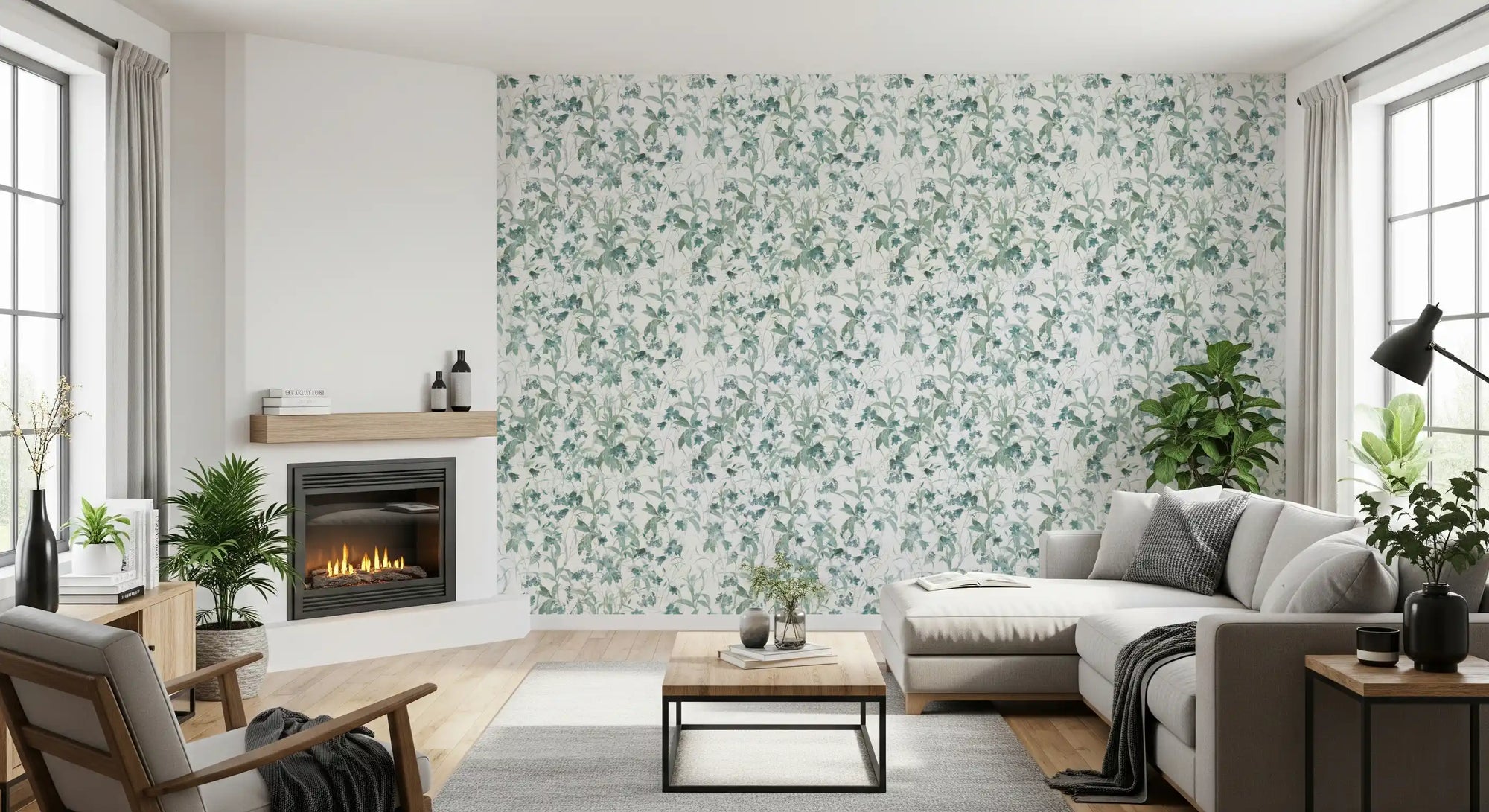 Vintage floral wallpaper in a living room with a grey sectional and modern fireplace GD12313