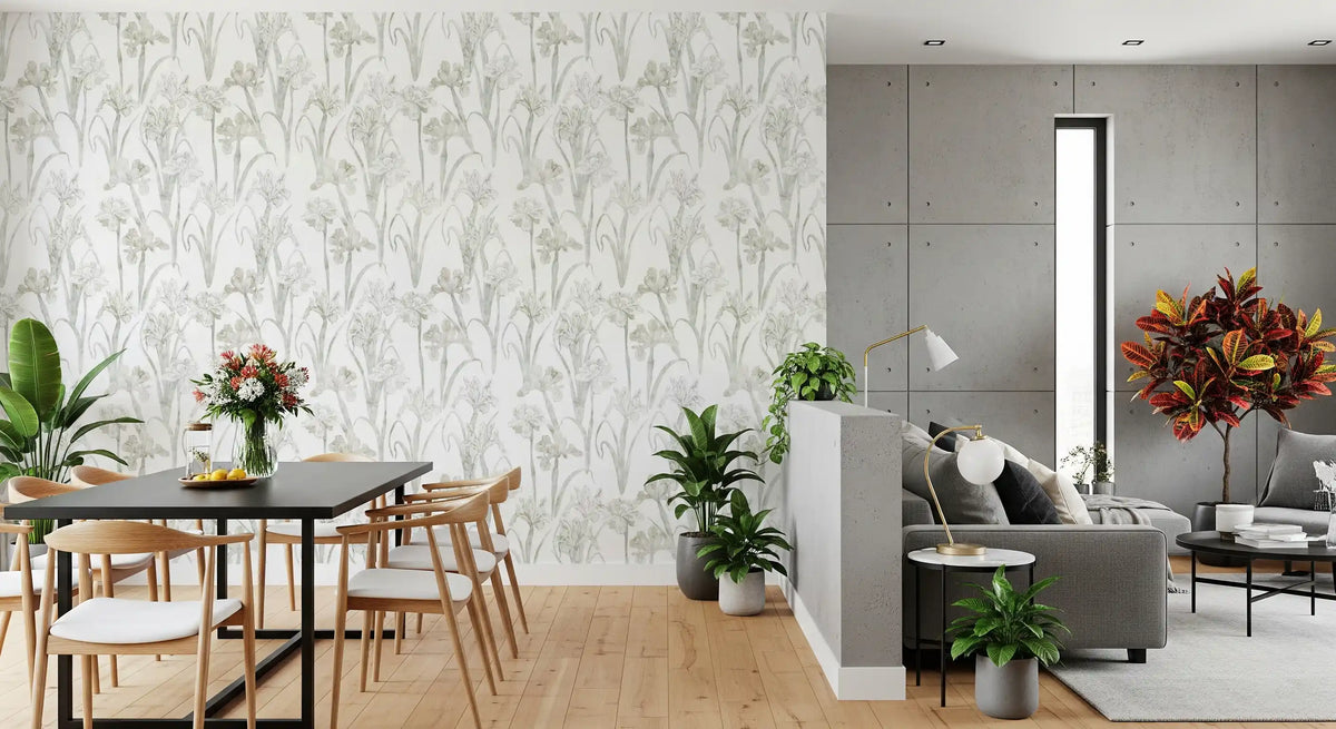 Botanical sketch wallpaper in an open dining and living room with grey seating GD12315