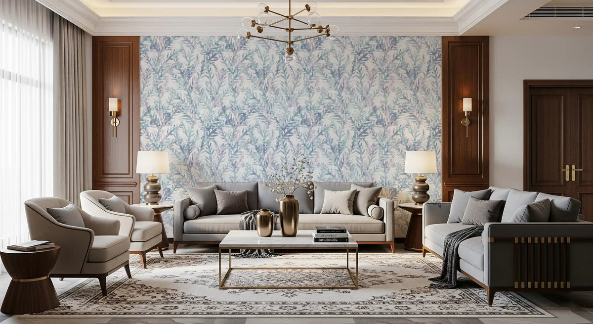 Botanical fern frost wallpaper in a classic living room with grey sofas and a patterned rug GD12317