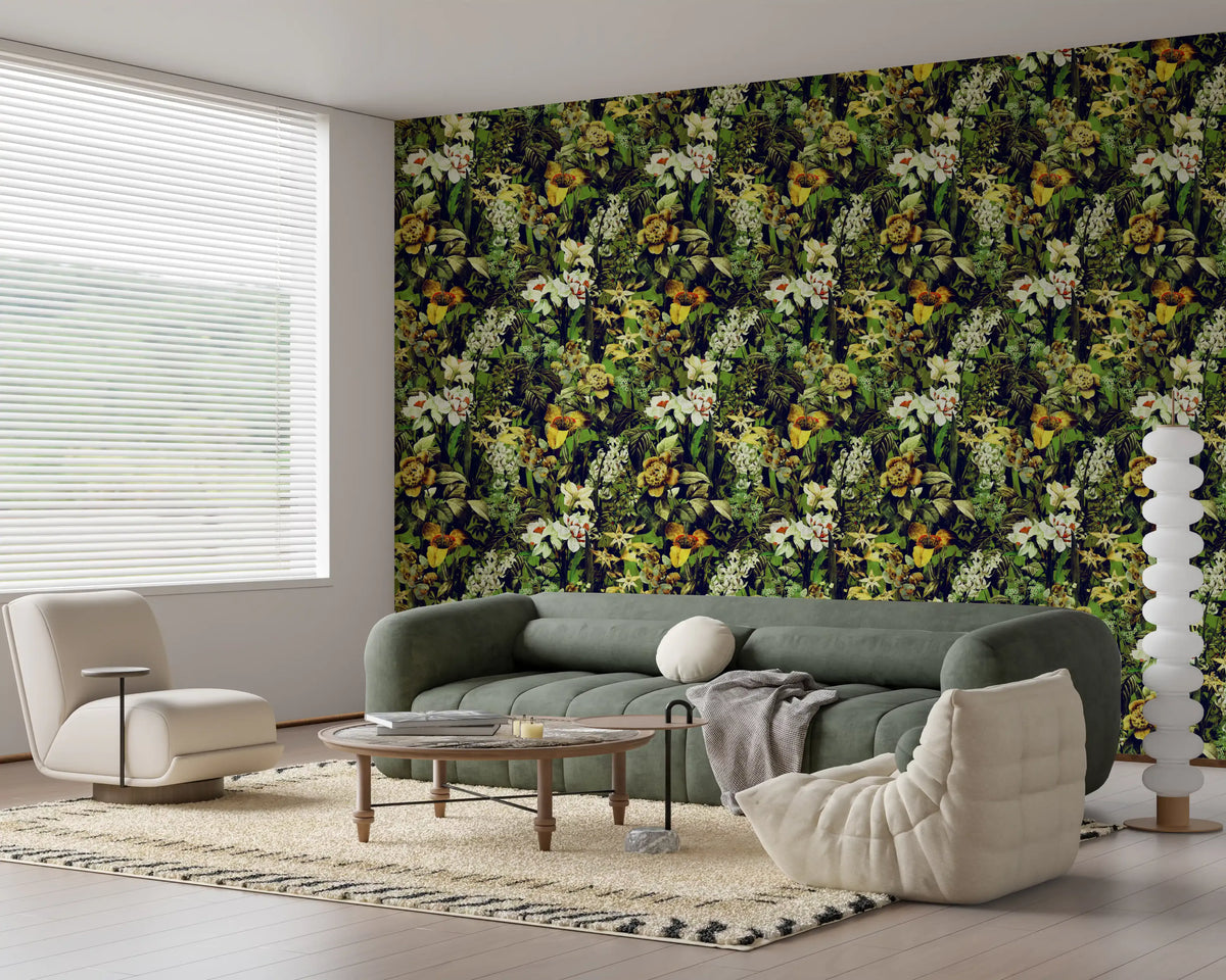 Rustic botanical forest wallpaper in a living room with a green sofa and cream lounge chair GD12338