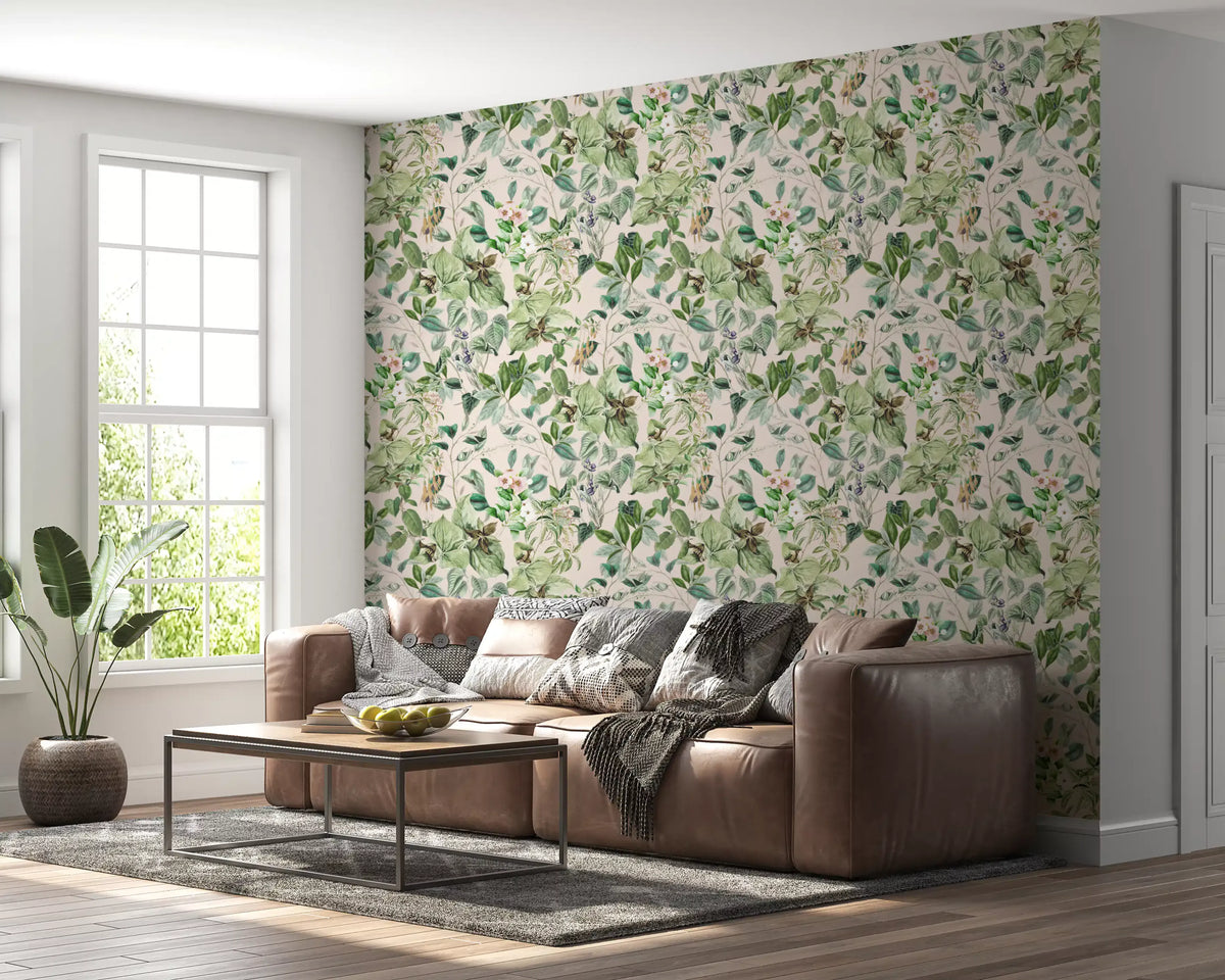Soft sage floral meadow wallpaper in a living room with a brown leather sectional GD12339