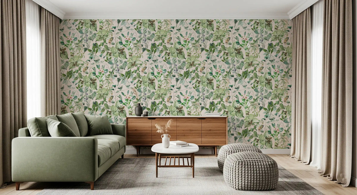 Soft sage floral meadow wallpaper in a living room with a sage green sofa and sideboard GD12339