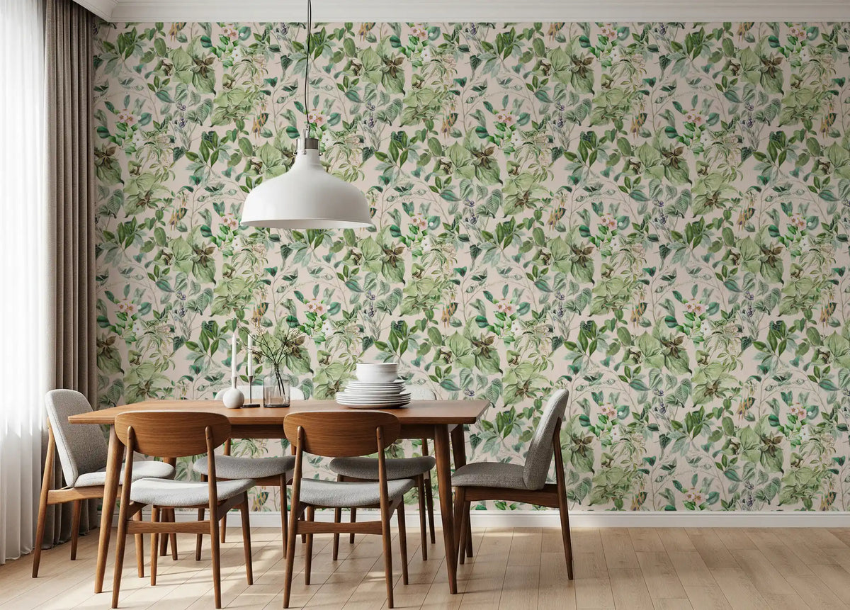 Sage floral meadow wallpaper in a dining nook with a wood table and white pendant GD12339