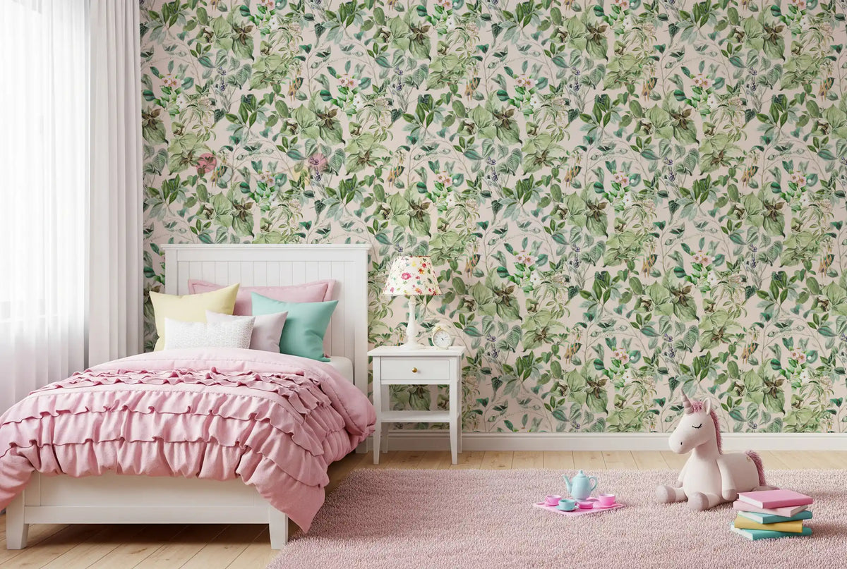 Sage floral wallpaper in a child's bedroom with a pink ruffled bed and unicorn toy GD12339