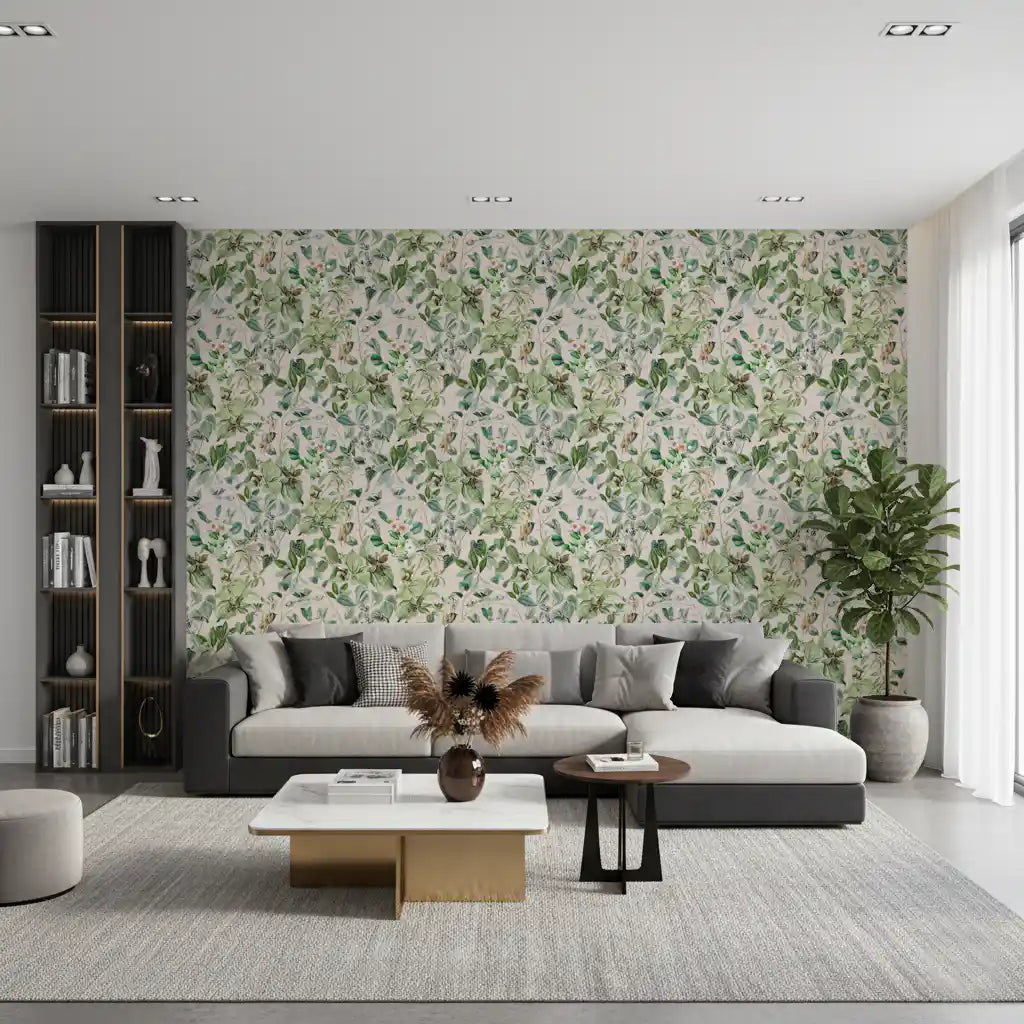 Sage floral meadow wallpaper behind a grey sofa with a bookshelf and coffee table GD12339