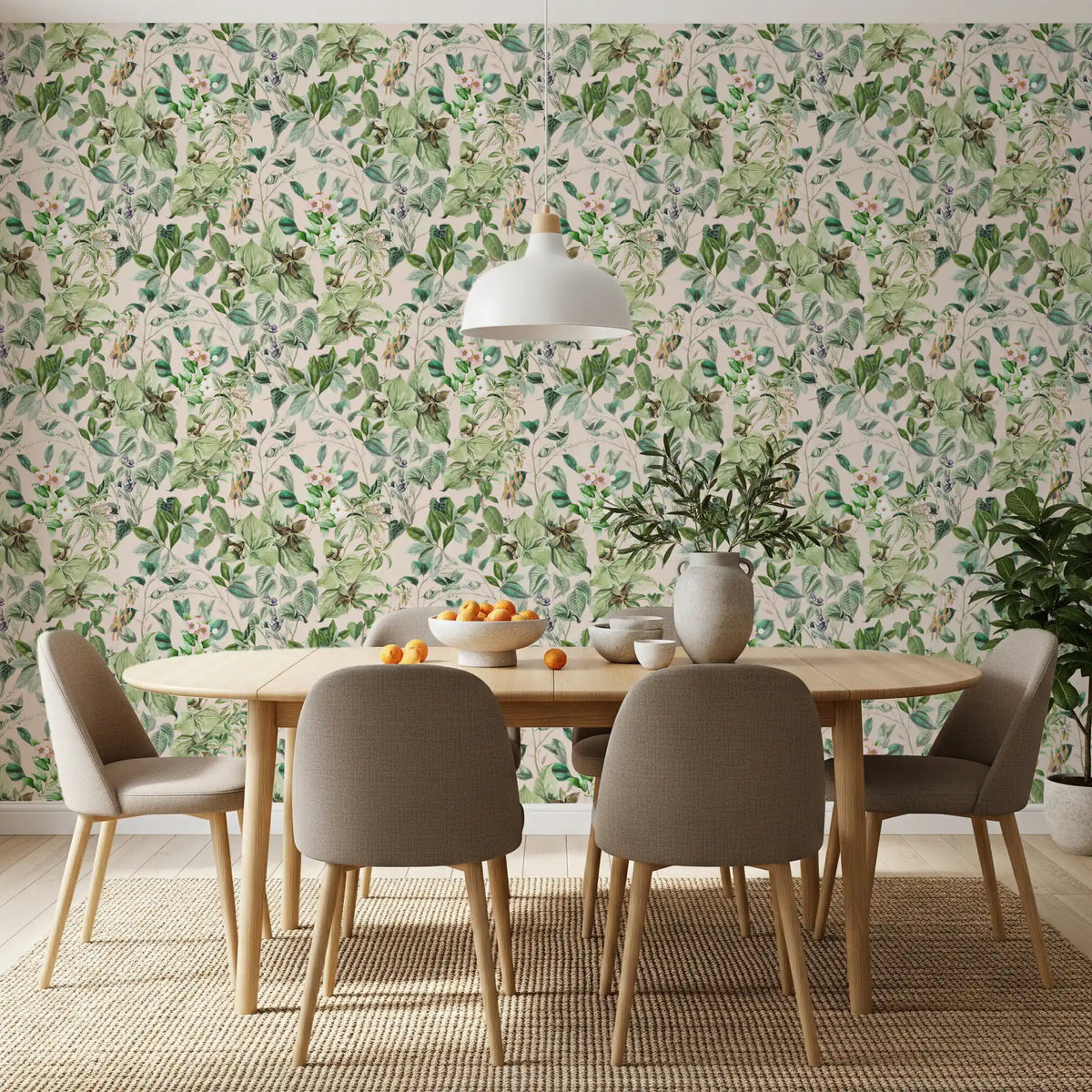 Soft sage floral meadow wallpaper in a dining room with a wood table and taupe chairs GD12339