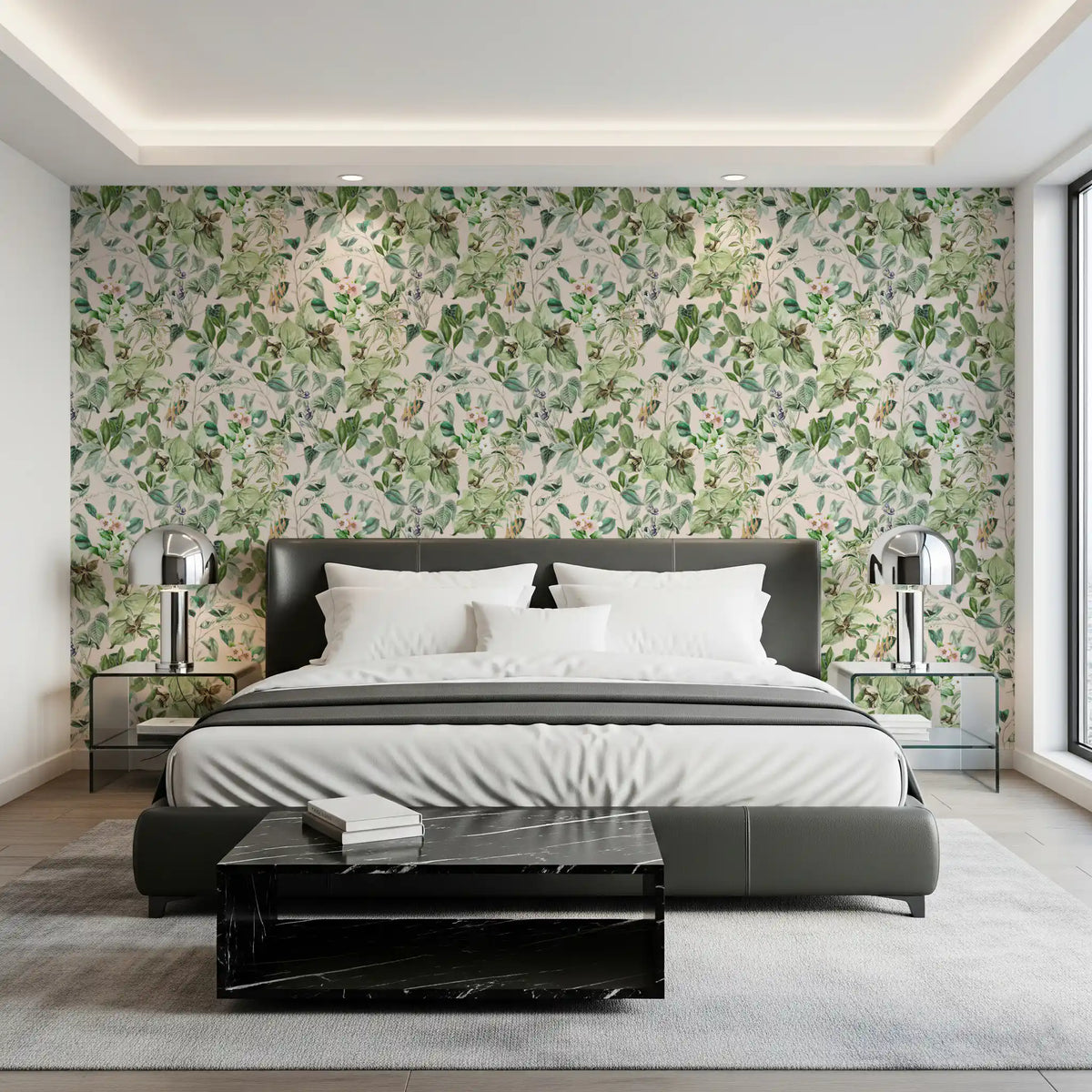 Soft sage floral meadow wallpaper in a bedroom with a dark grey bed and bedside lamps GD12339