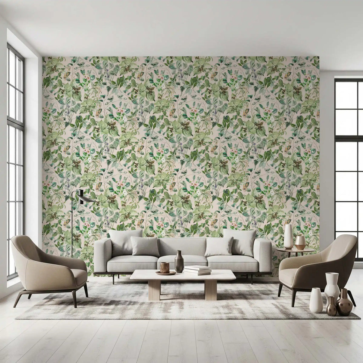 Soft sage floral meadow wallpaper in a bright lounge with a cream sofa and accent chairs GD12339