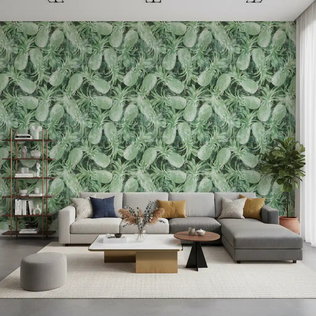 Tropical pineapple wallpaper in a living room with a grey sectional and open bookshelf GD12340