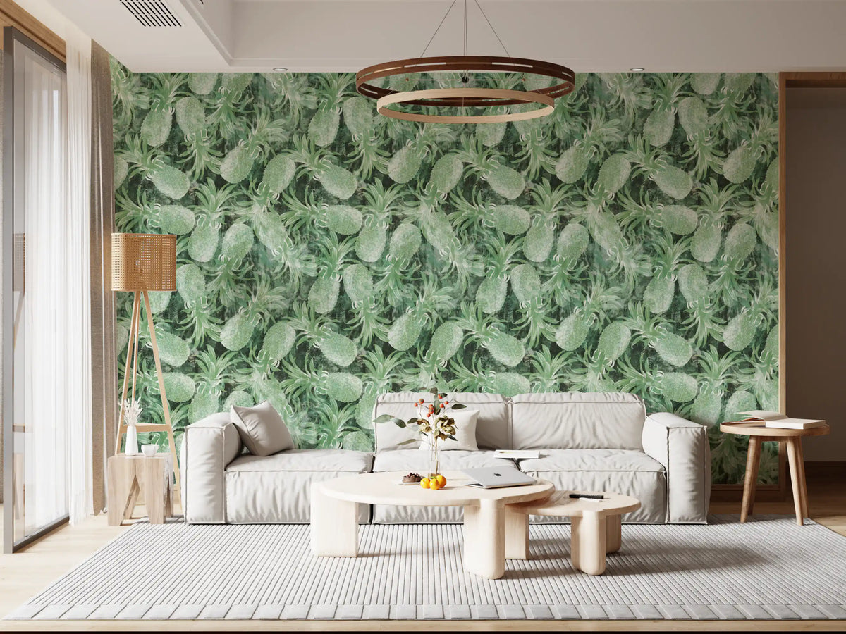 Green pineapple leaf wallpaper in a lounge with a cream sofa and round ring chandelier GD12340