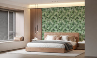 Tropical pineapple wallpaper in a bedroom with a tan upholstered bed and grey throw GD12340