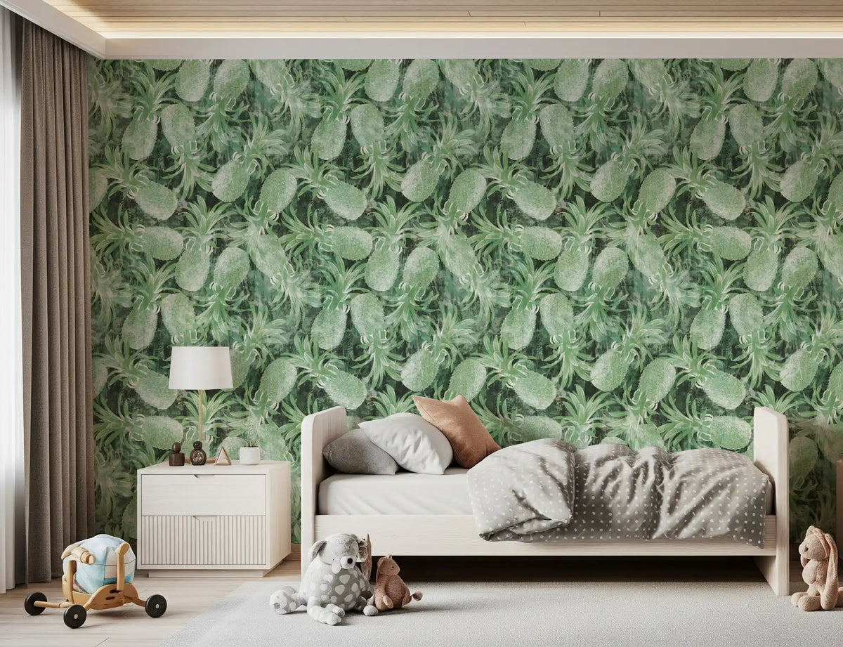 Tropical pineapple wallpaper in a child's bedroom with a white bed and floor toys GD12340