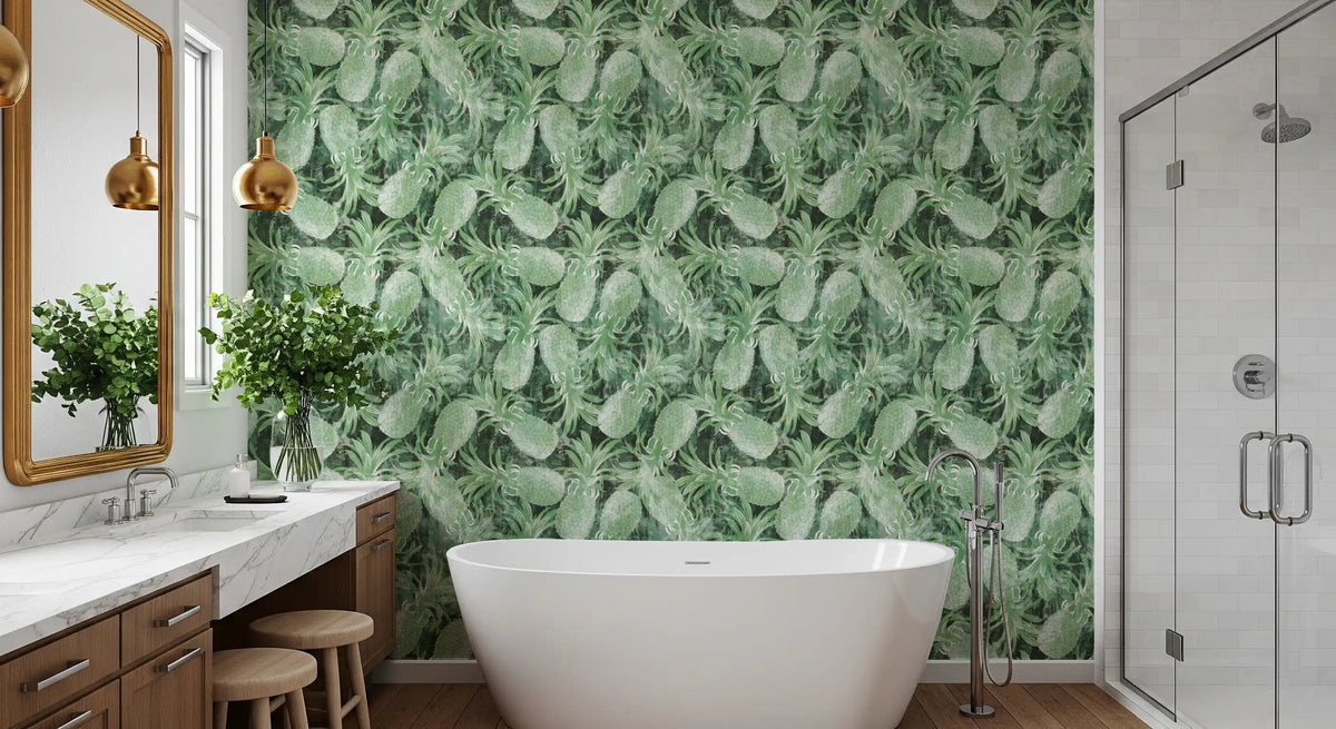 Tropical pineapple wallpaper in a bathroom with a freestanding tub and marble vanity GD12340