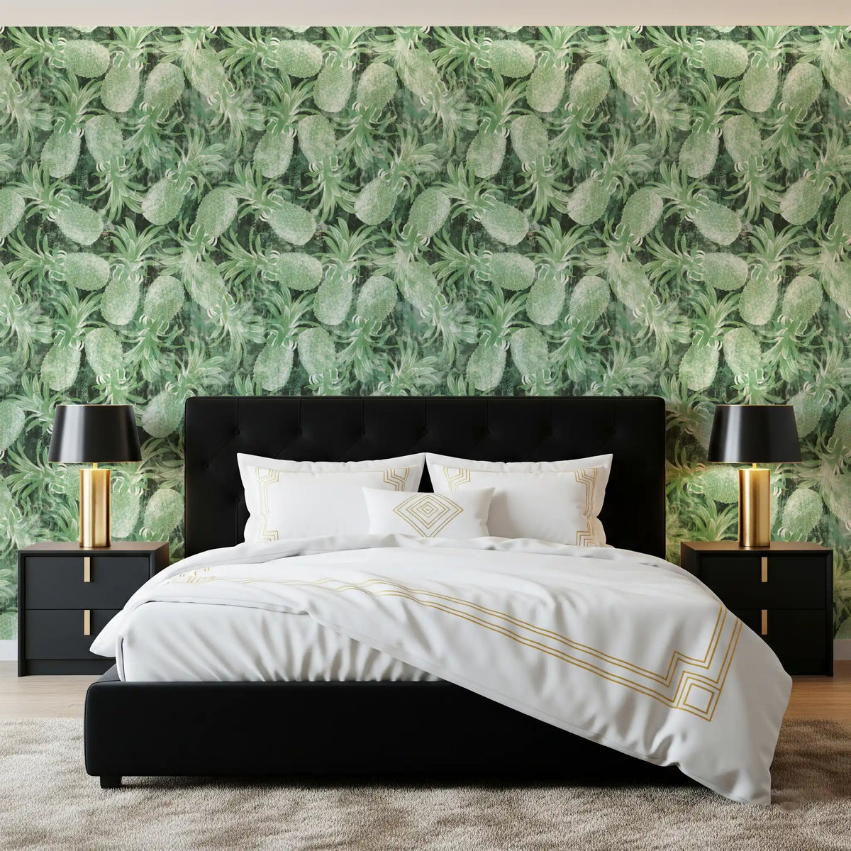 Tropical pineapple wallpaper in a bedroom with a black tufted bed and gold trim bedding GD12340