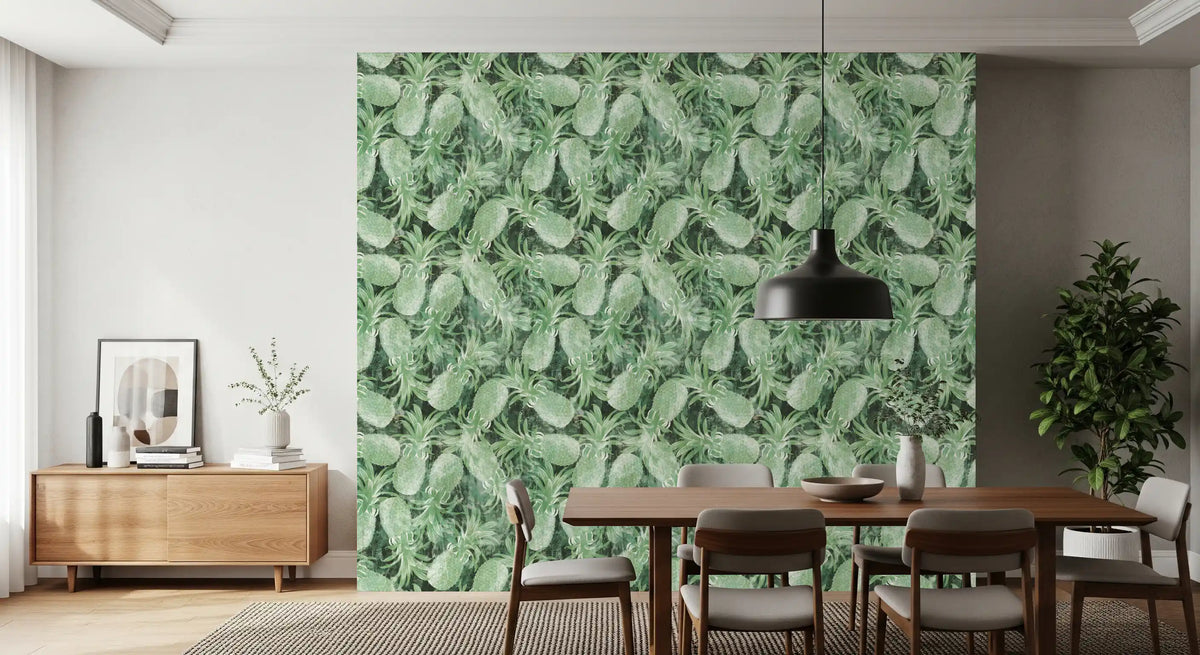 Tropical pineapple wallpaper in a dining room with a wood table and black pendant light GD12340