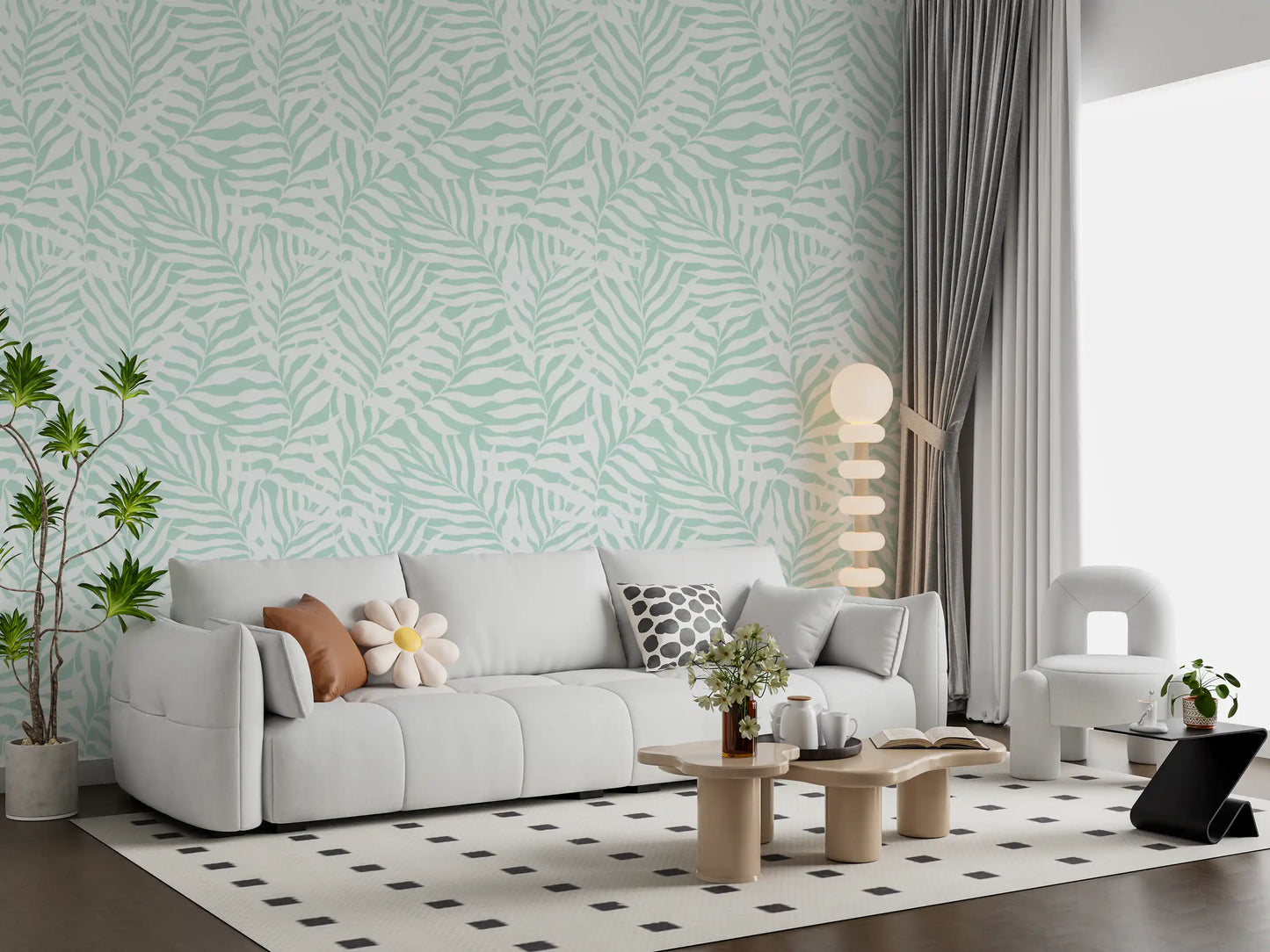 Soft Mint Tropical Fern Leaves Wallpaper⁠