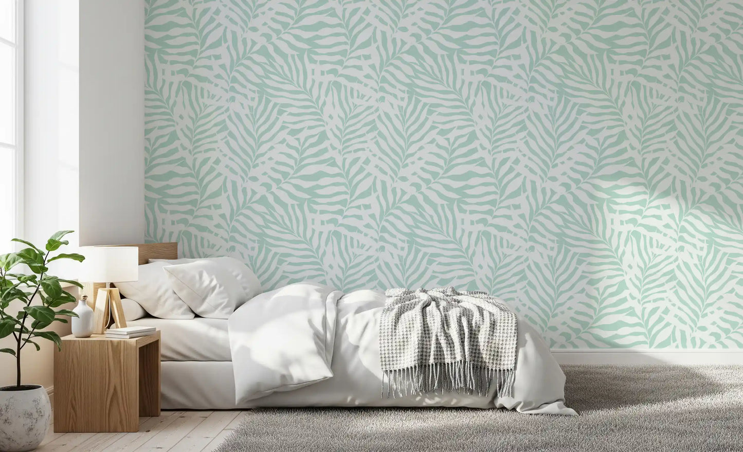 Soft Mint Tropical Fern Leaves Wallpaper⁠