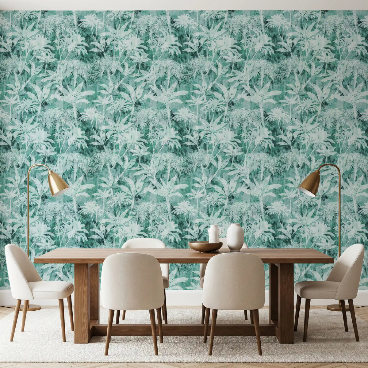 Green foliage wallpaper warms a Dining room with pale tropical leaves GD12344
