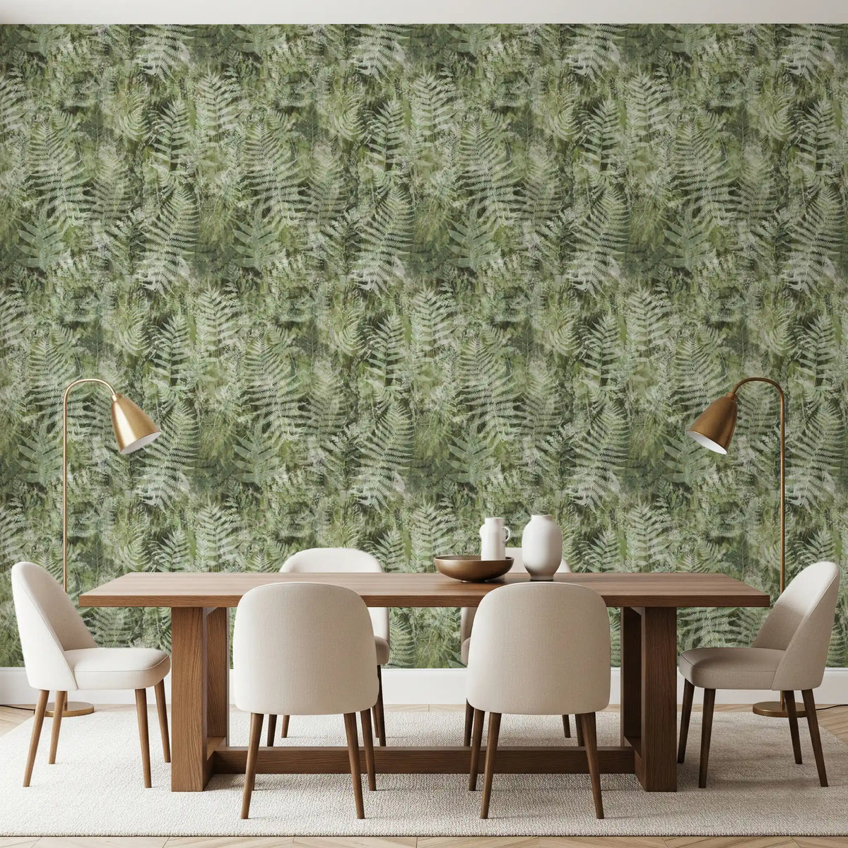 Forest Fern Botanical wallpaper spreads green foliage behind a Dining room GD12345
