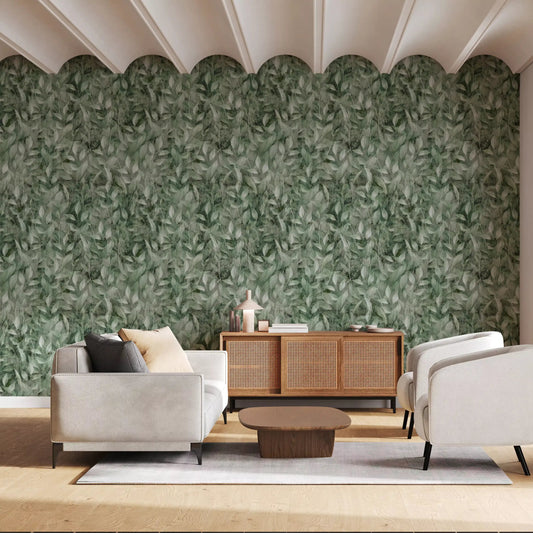 Green foliage wraps the living room where Ombre leaf wallpaper adds depth GD12346
