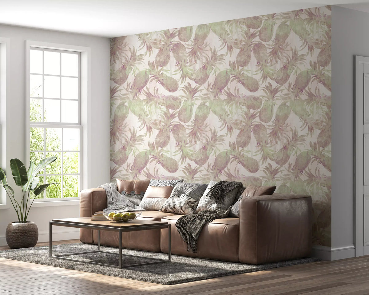 Retro pineapple pattern behind a living room, tropical fruit wallpaper GD12348