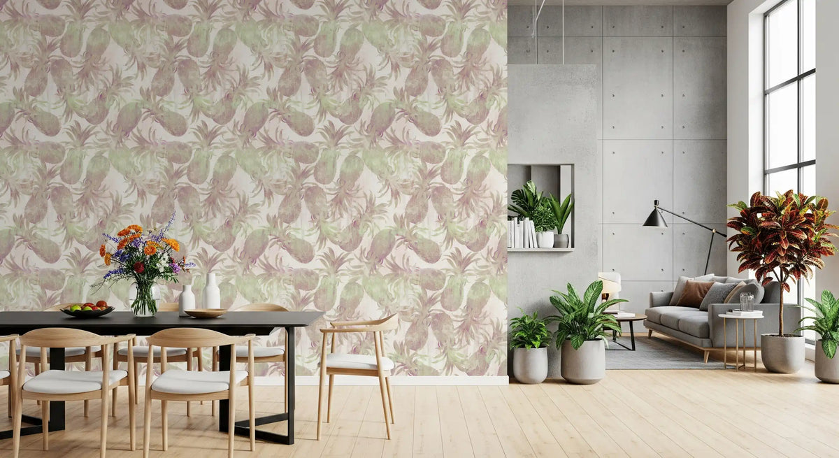 Ripe-looking pineapples in mauve and green on tropical fruit wallpaper GD12348