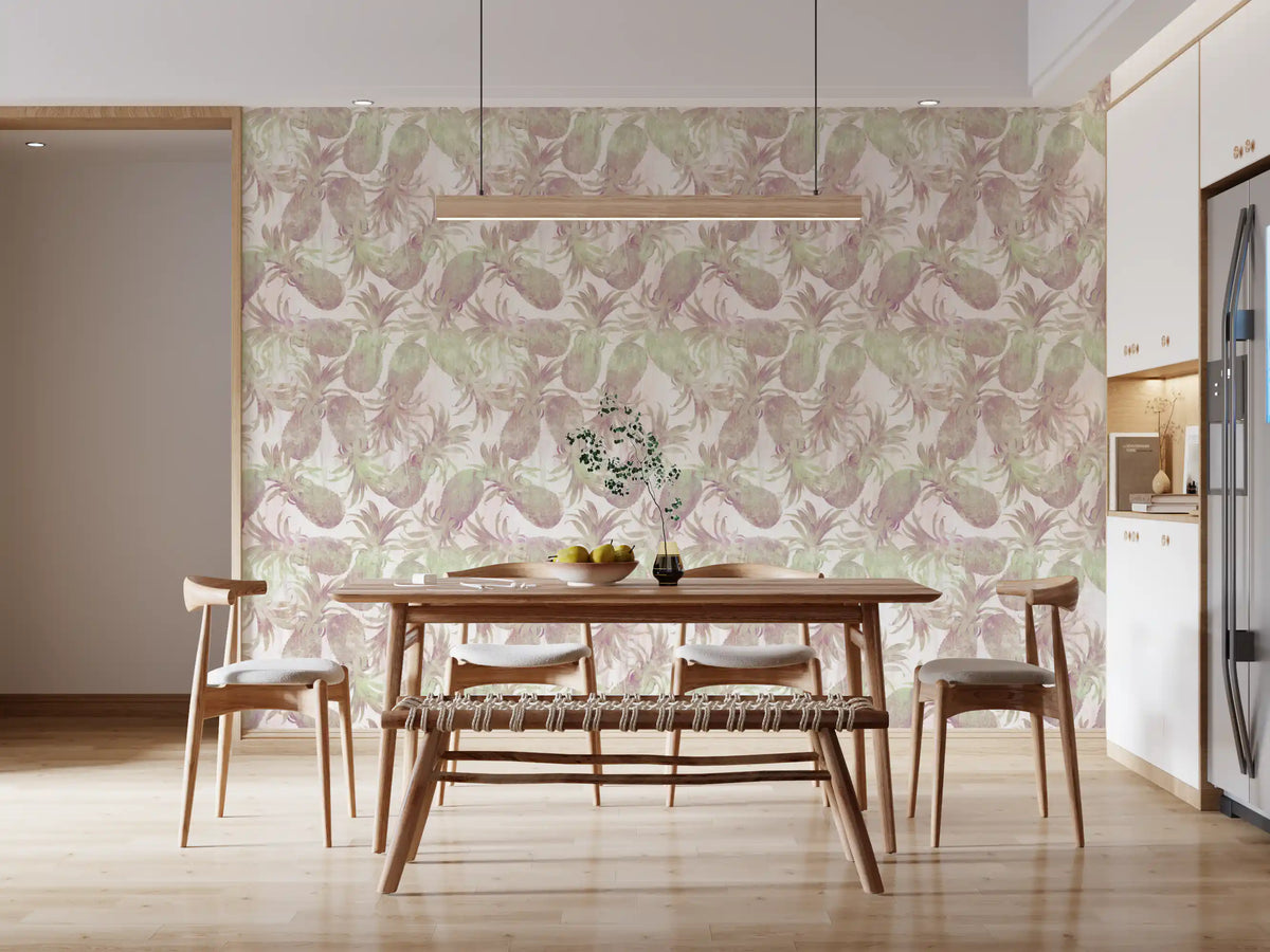 Mauve and green fruit lining a dining room in tropical wallpaper GD12348