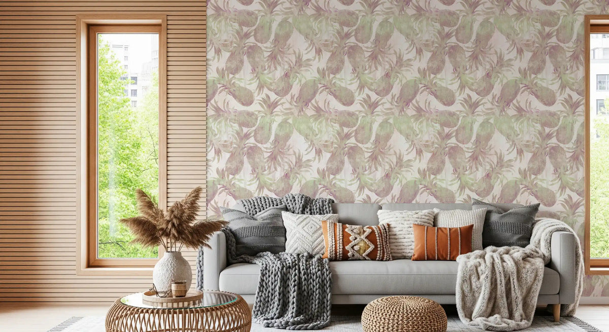 Fruit motif wallpaper along a living -dining area, faded pineapples GD12348