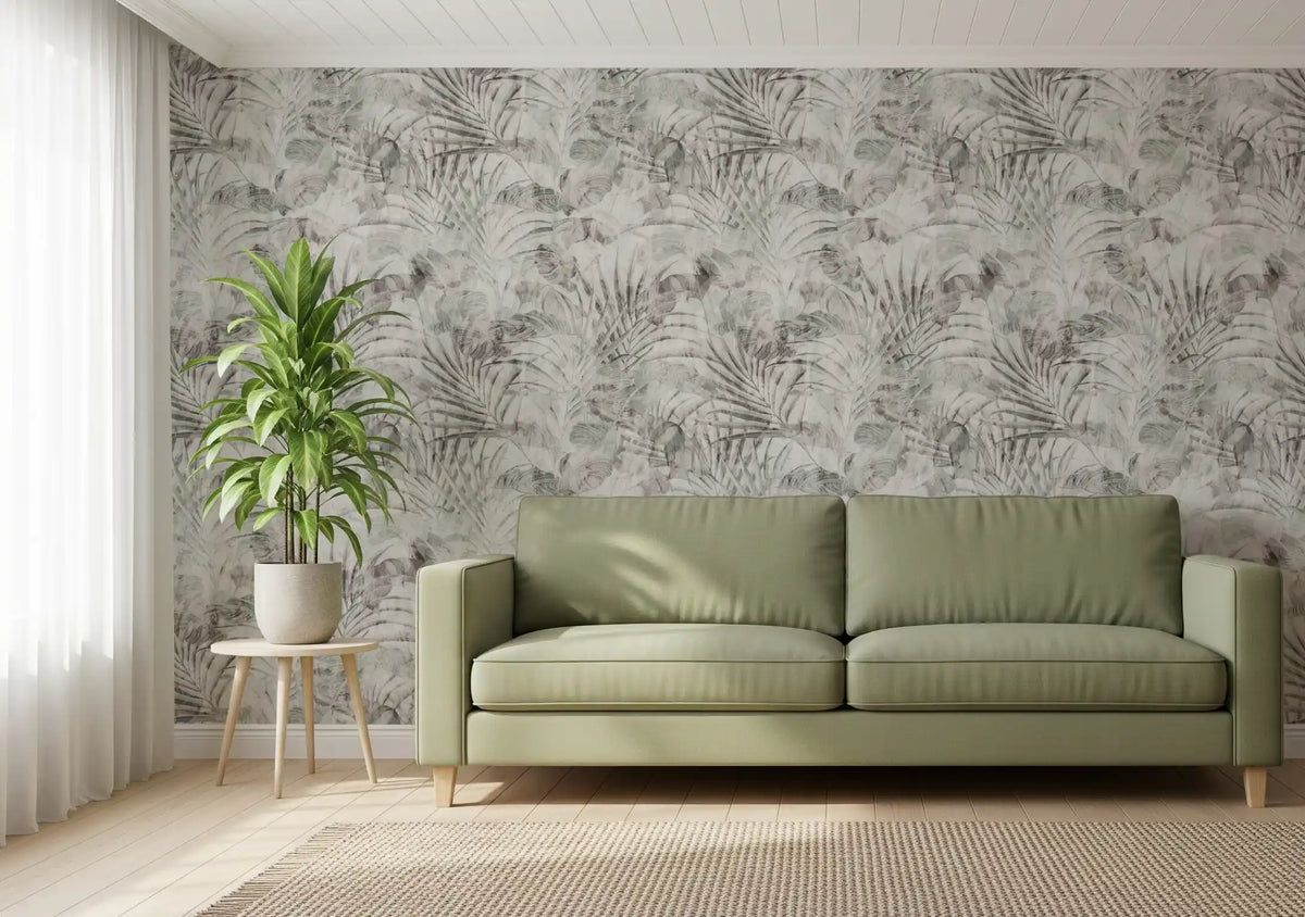 Grey-green foliage lifts a bright office room, Tropical Foliage wallpaper on show GD12351
