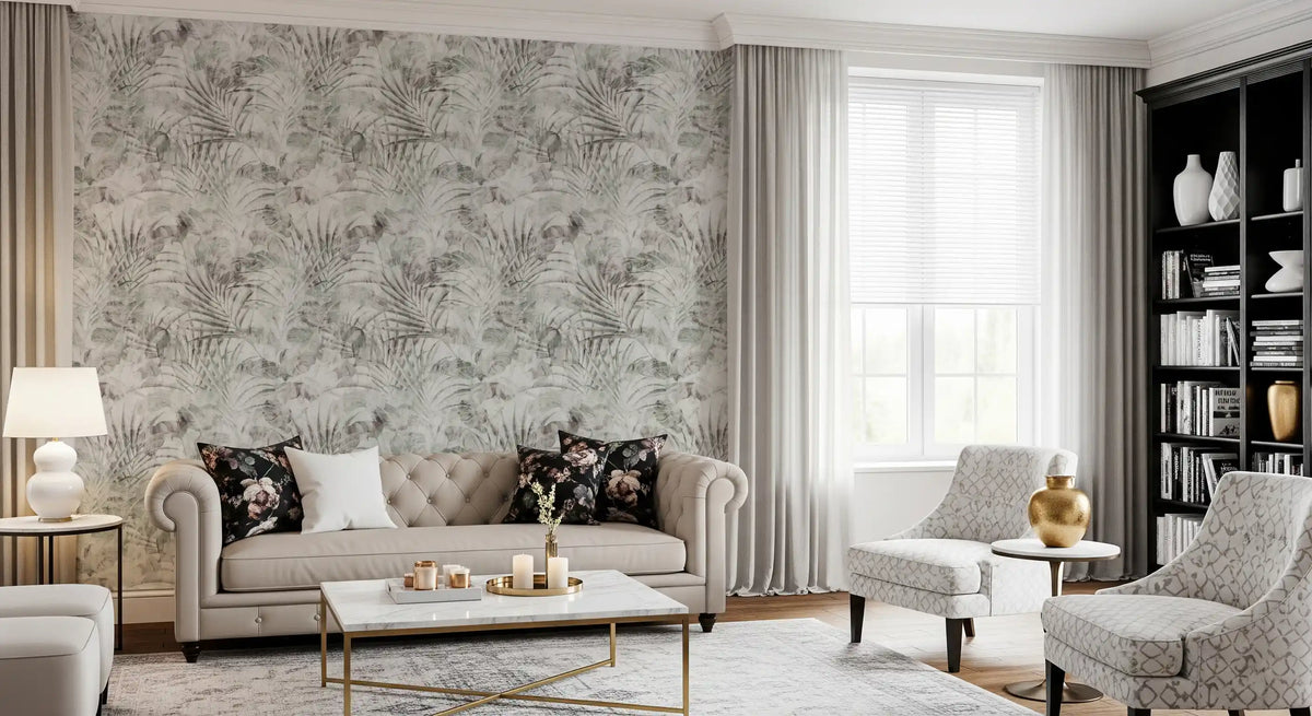 Sage and grey fronds calm a restful living room, Tropical Foliage wallpaper behind GD12351