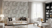 Sage and grey fronds calm a restful living room, Tropical Foliage wallpaper behind GD12351