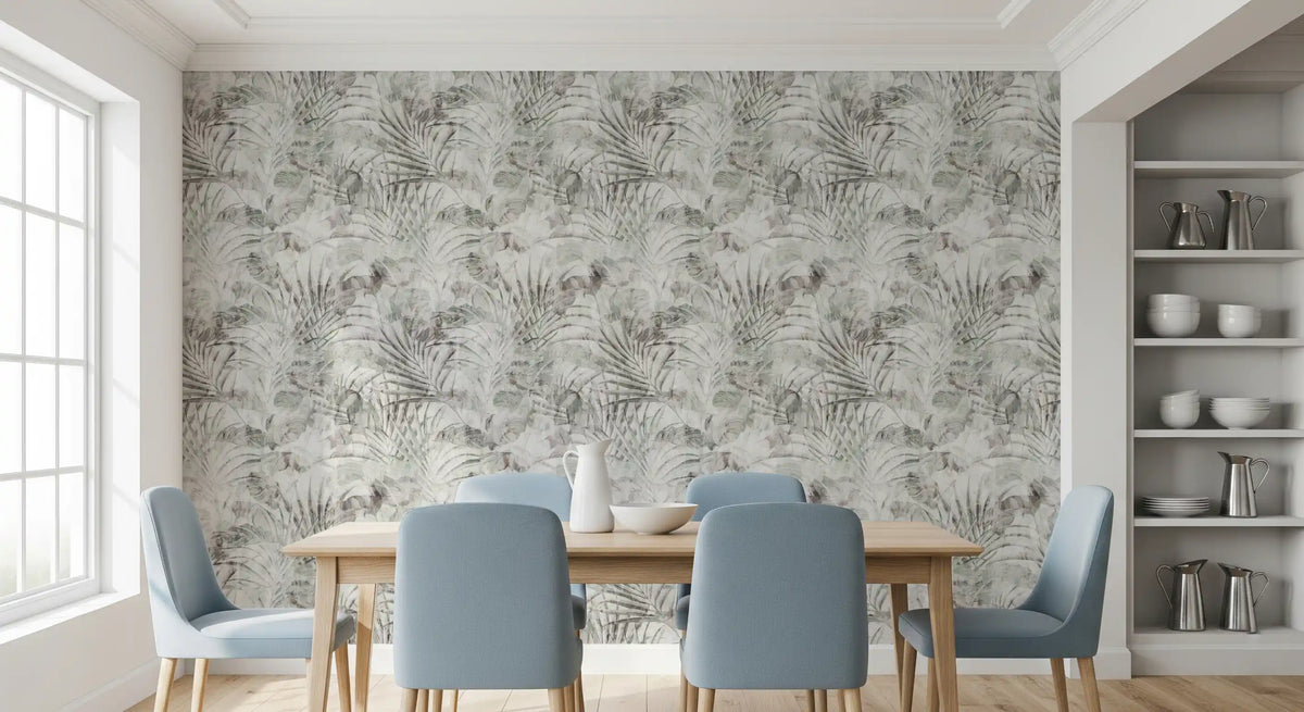 Washed greenery wraps a cosy dining room in Muted Foliage wallpaper tones GD12351