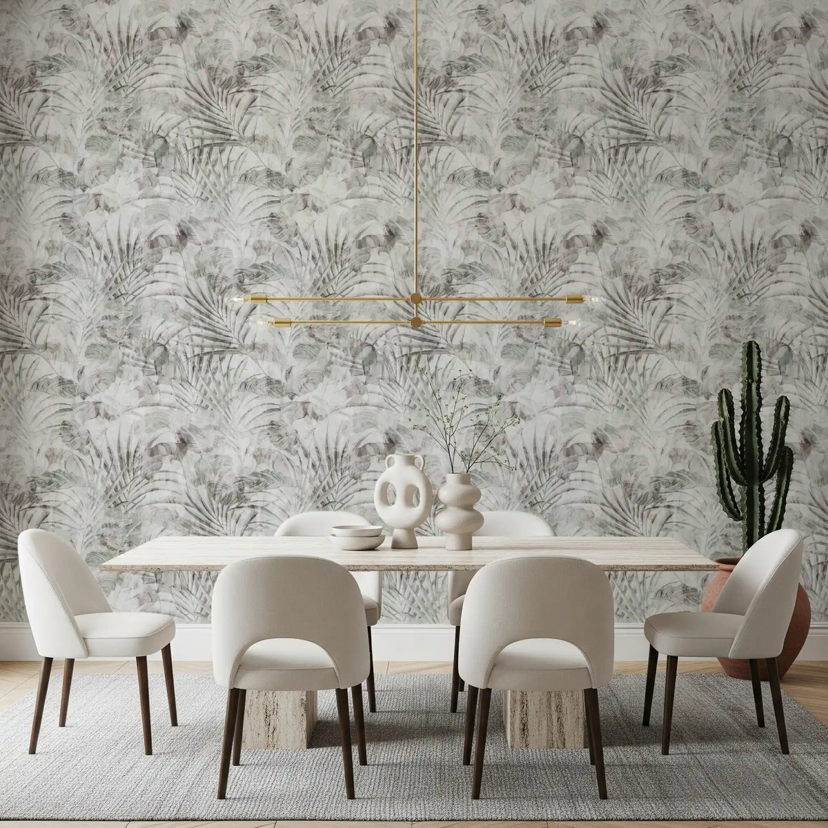 Close view of Muted Tropical Foliage wallpaper shows painterly palm fronds GD12351