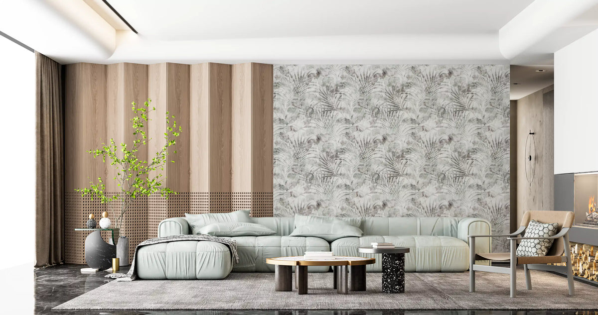 Palm leaves spread over a relaxed lounge with Muted Tropical Foliage wallpaper GD12351