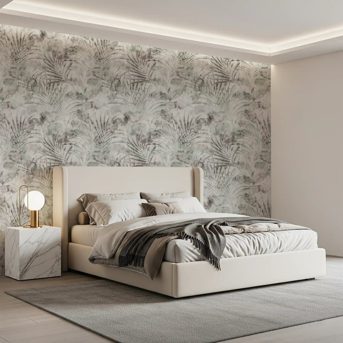 Broad leaves and stems drift through this Tropical Foliage wallpaper repeat GD12351
