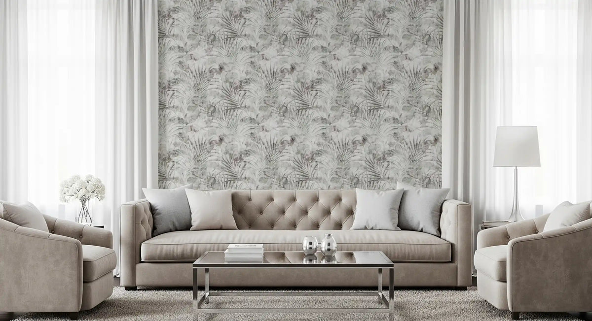 Chalky off-white ground lets Muted Foliage wallpaper feel light and calm GD12351