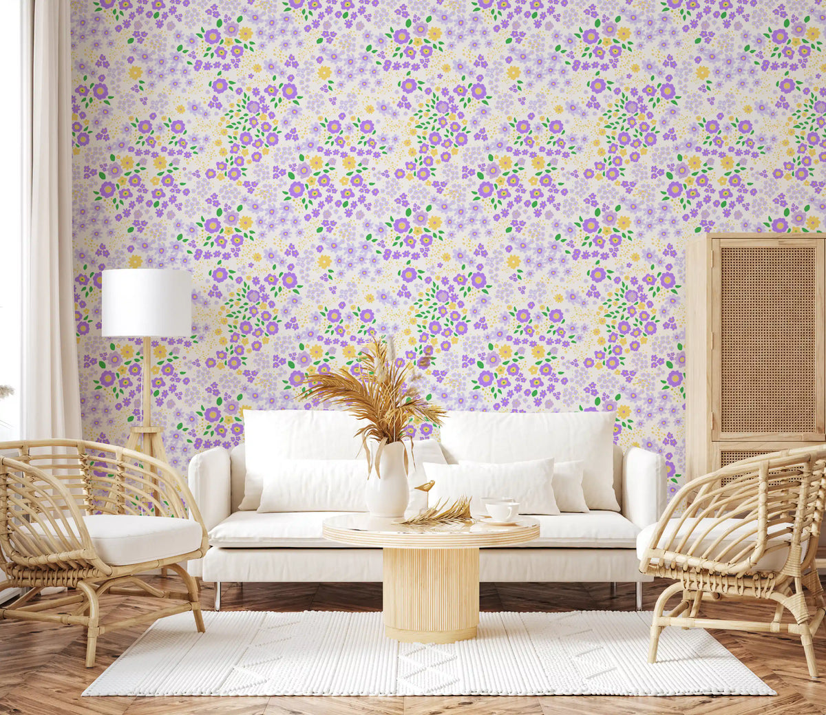 Purple and yellow blooms of the Wildflower wallpaper cheer a hallway GD12363