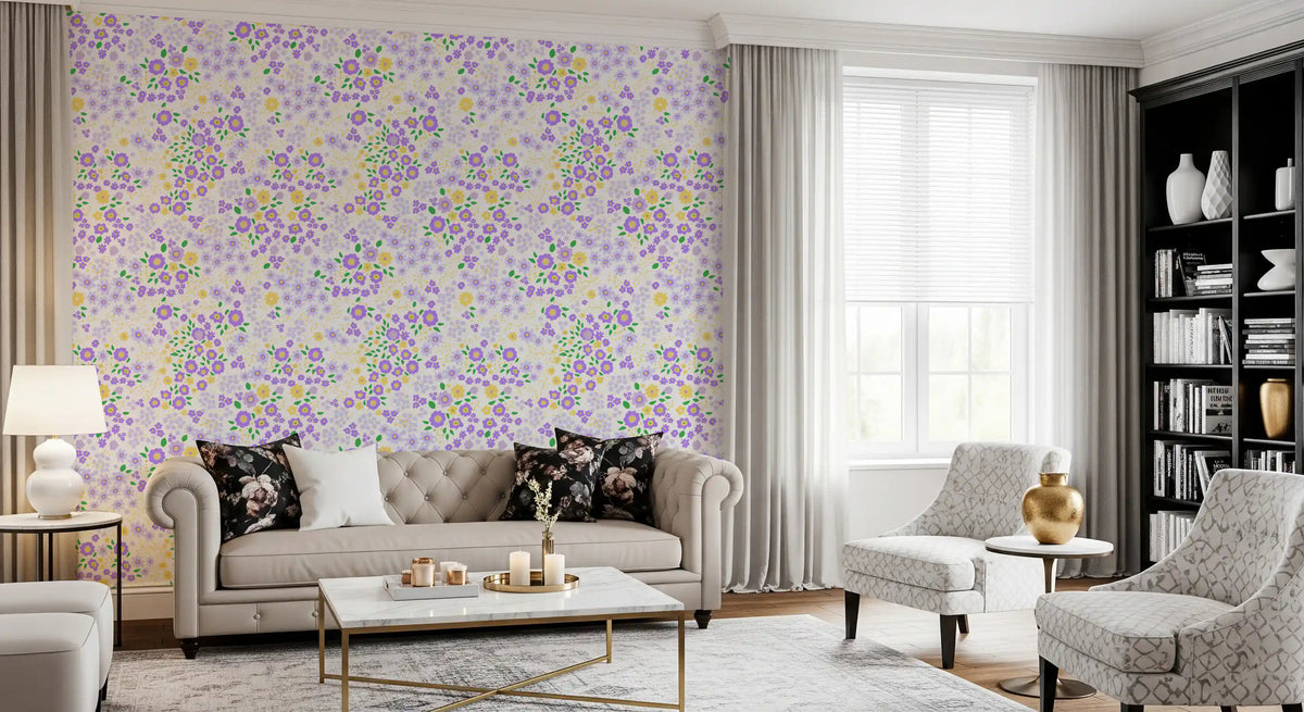 Ditsy Wildflower wallpaper adds colour to a calm living room GD12363