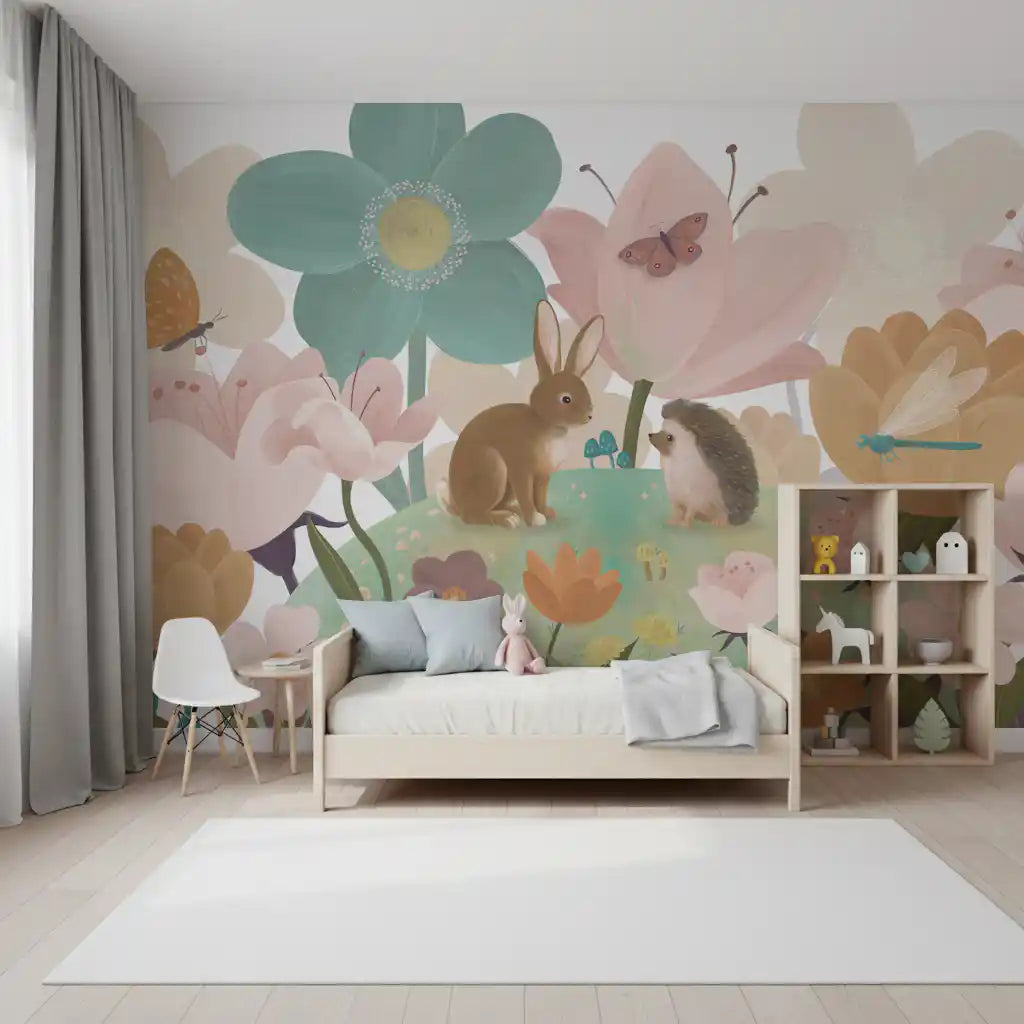 Meadow friends floral wall mural behind a white kids bed with a toy cubby GD12394