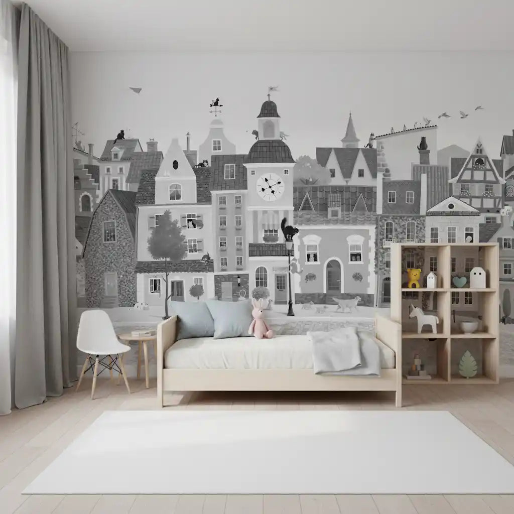 Monochrome town street mural behind a white kids bed with a cube toy shelf GD12395