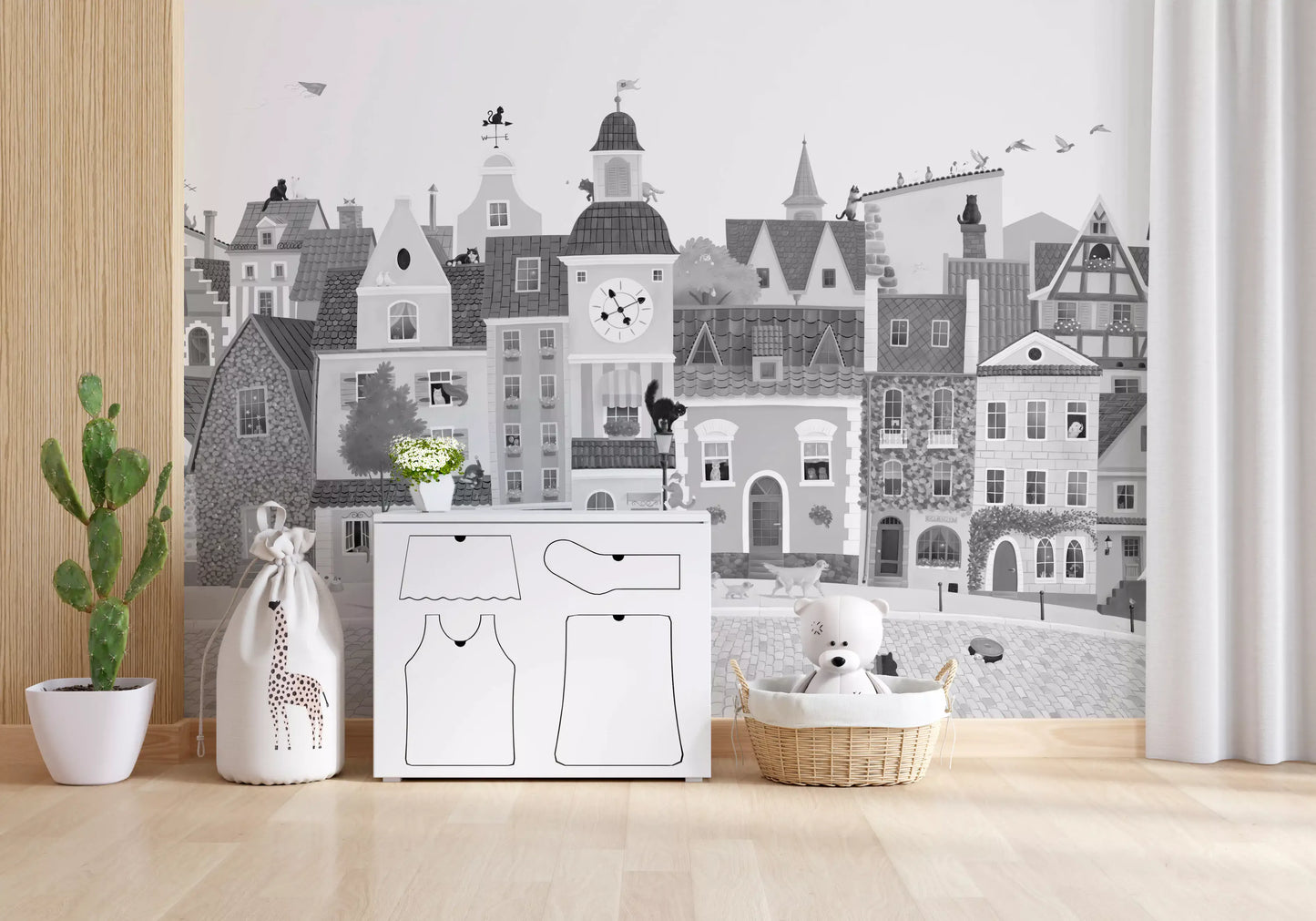 Feline Street Scene Monochrome Illustration Wall Mural